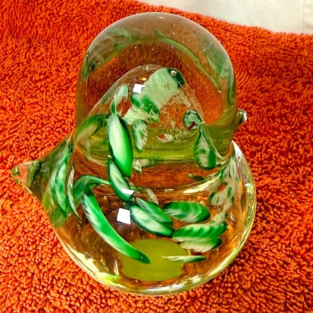 Vintage‎ Art Glass Paperweight Chunky Glass Bird Clear With Green & Wht Swirls